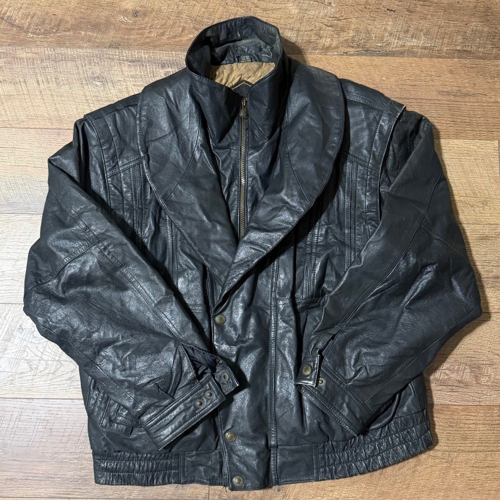 Original Expression Worldwide Black Leather Bomber Jacket Mens Large Vintage 90s